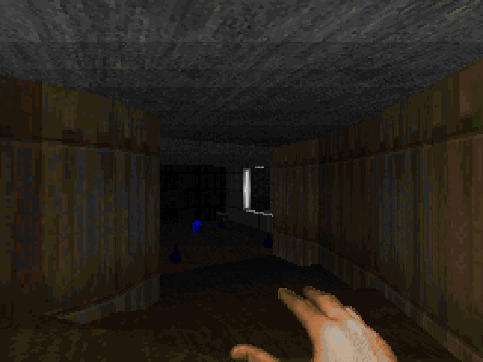 A screenshot of Doom showing the player standing in a dark corridor