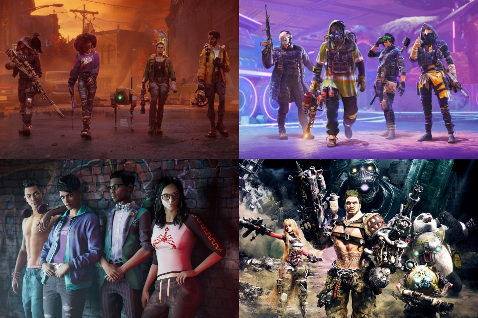 Collage showing four groups of characters from different video games sharing a similar aesthetic.