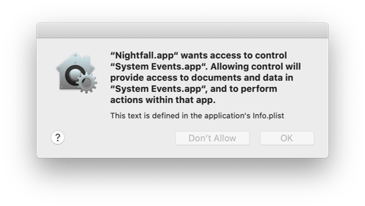 An automation permission dialog in macOS, containing a usage string