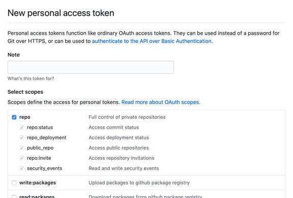 Screenshot of the New Personal Access Token screen on GitHub
